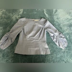 Tibi Chambray Blue Corset Ruched Sleeve Cotton Top Size 0 Zip Back